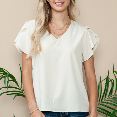 V-NECK SOLID TOP WITH TULIP SHORT SLEEVES