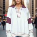 Small BURGUNDY SOLID LOOSE FIT TOP WITH STRIPE CONTRAST