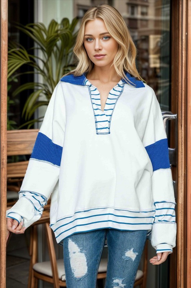 SOLID LOOSE FIT TOP WITH STRIPE CONTRAST