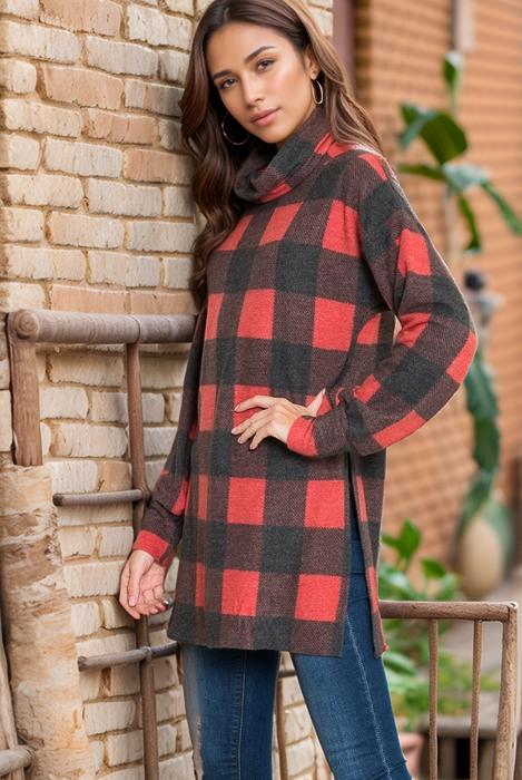 PLAID TURTLE NECK TUNIC TOP WITH SIDE SLIT