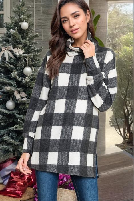 PLAID TURTLE NECK TUNIC TOP WITH SIDE SLIT
