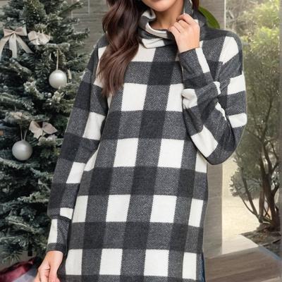 PLAID TURTLE NECK TUNIC TOP WITH SIDE SLIT
