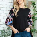 Small BLACK OVERSIZED TUNIC TOP WITH PAISLEY PRINT SLEEVES