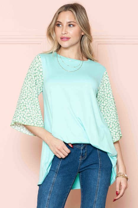 OVERSIZED TUNIC TOP WITH DITSY FLORAL SLEEVES