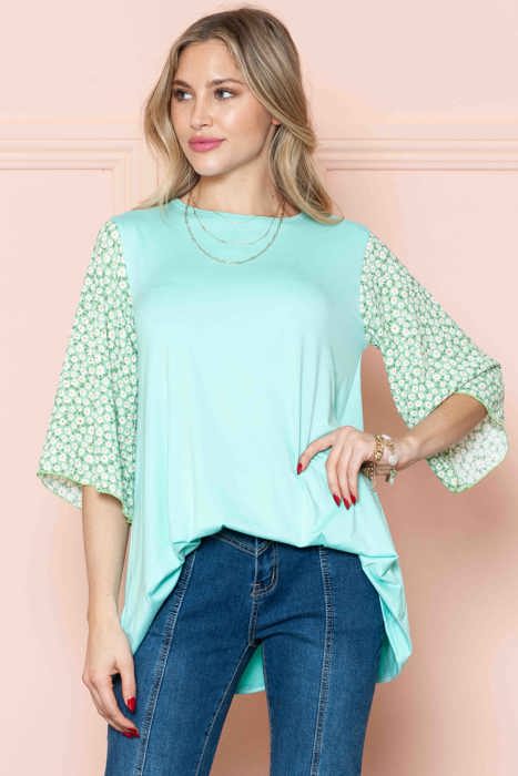 OVERSIZED TUNIC TOP WITH DITSY FLORAL SLEEVES