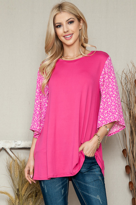 OVERSIZED TUNIC TOP WITH DITSY FLORAL SLEEVES