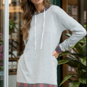 Small HEATHER GREY BRUSH HOODED SOLID TUNIC TOP WITH PLAID CONTRAST 