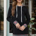 Small BLACK BRUSH HOODED SOLID TUNIC TOP WITH PLAID CONTRAST 