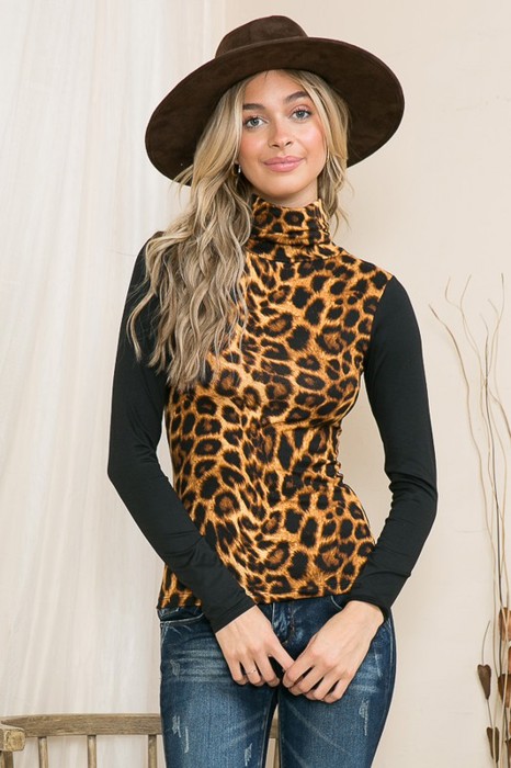ANIMAL PRINT TURTLE NECK TOP WITH CONTRAST SLEEVES