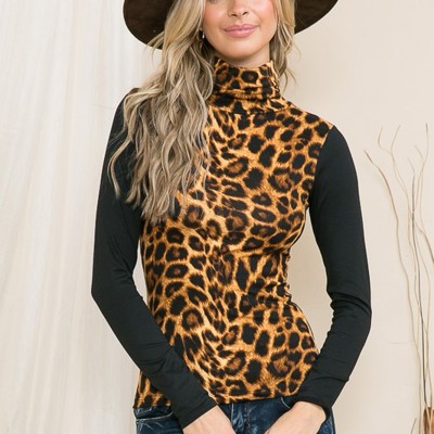 ANIMAL PRINT TURTLE NECK TOP WITH CONTRAST SLEEVES