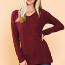 Small BURGUNDY BASIC KNIT V-NECK LONG SLEEVE TOP