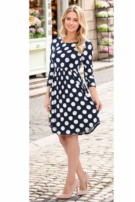 POLKA DOT 3/4 SLEEVE DRESS WITH POCKETS