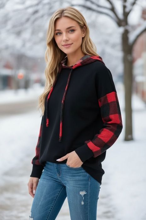 SOLID HOODED SWEATSHIRT WITH PLAID CONTRAST