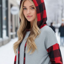 Small HEATHER GREY SOLID HOODED SWEATSHIRT WITH PLAID CONTRAST