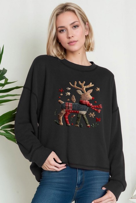 Oversized Crew Neck Top with REINDEER Print
