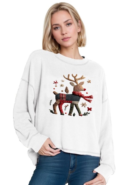 Oversized Crew Neck Top with REINDEER Print