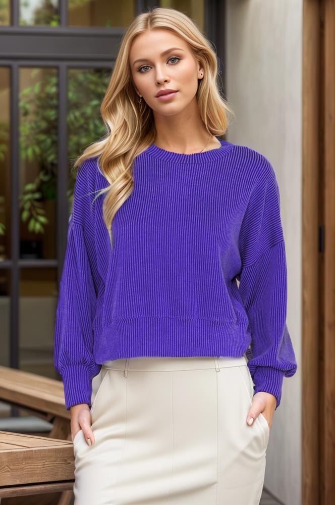 CROP LONG SLEEVE WAVE RIB TOP 