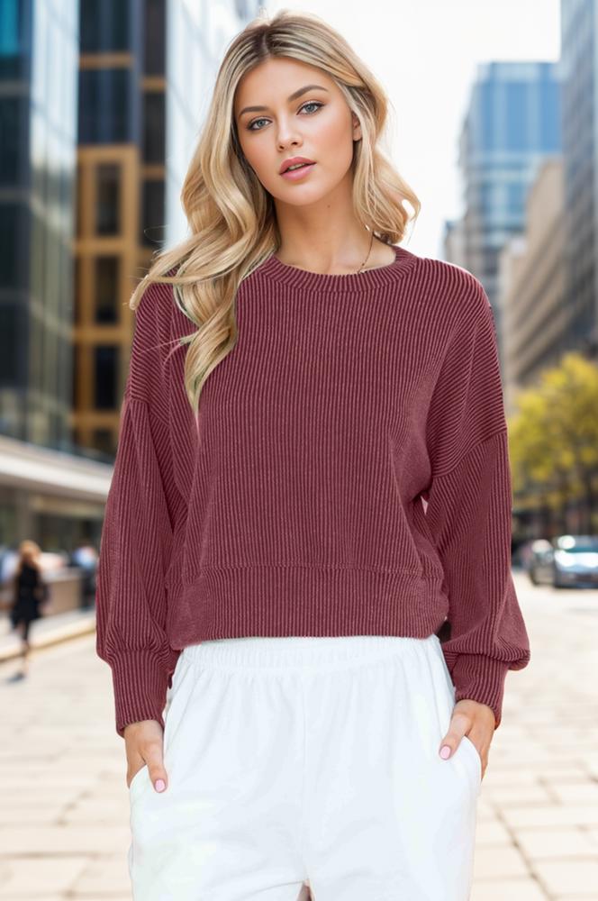 CROP LONG SLEEVE WAVE RIB TOP 