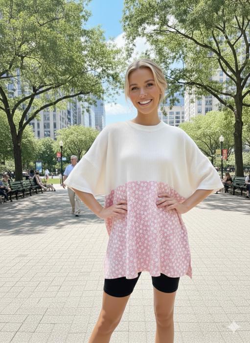 WAVE RIB TUNIC WITH DITSY PRINT CONTRAST