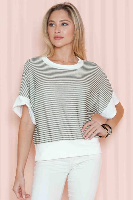 STRIPE HALF SLEEVE CROP TOP