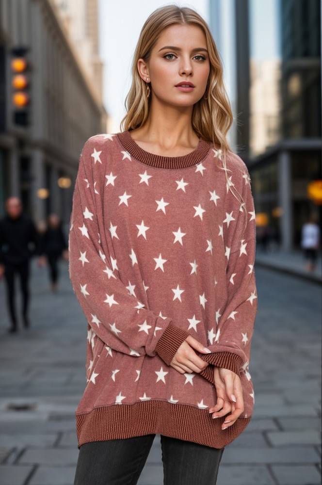 BRUSHED STAR PRINT SWEATSHIRT WITH SIDE SLIT 