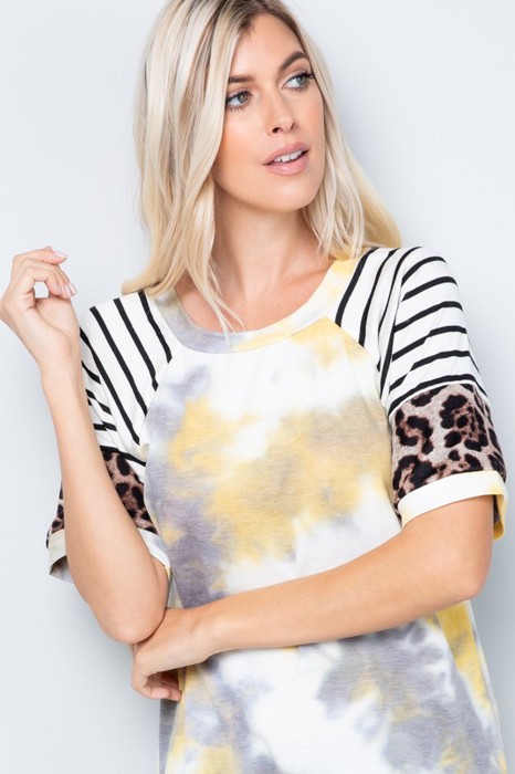 TIE DYE COLOR BLOCK SHORT SLEEVE TOP