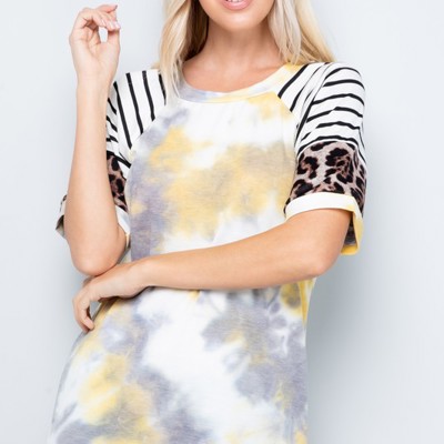 TIE DYE COLOR BLOCK SHORT SLEEVE TOP