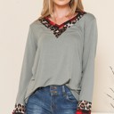 Small SAGE V-NECK TUNIC WITH LEOPARD PLAID CONTRAST DETAIL