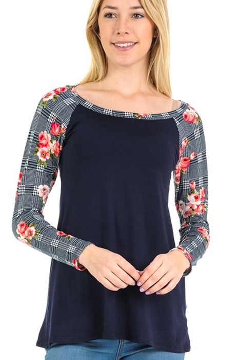 SOLID TOP WITH CHECK/FLORAL PRINT SLEEVES
