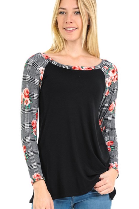 SOLID TOP WITH CHECK/FLORAL PRINT SLEEVES