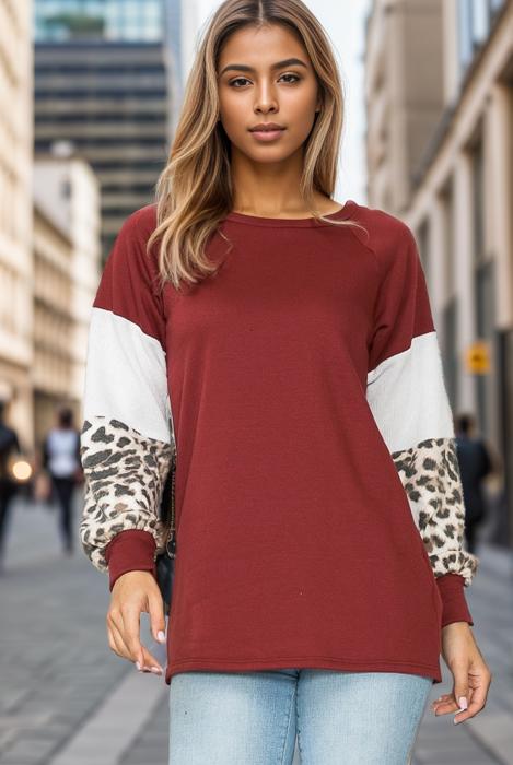 SOLID TUNIC TOP WITH ANIMAL COLOR BLOCK SLEEVES