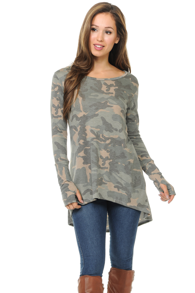 Camo Hi-Low Tunic with Color Block Sleeves