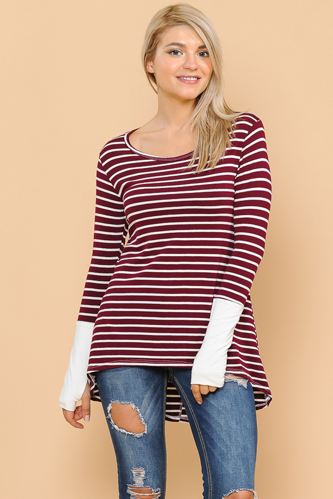 HI-LOW STRIPE TOP WITH COLOR BLOCK SLEEVE