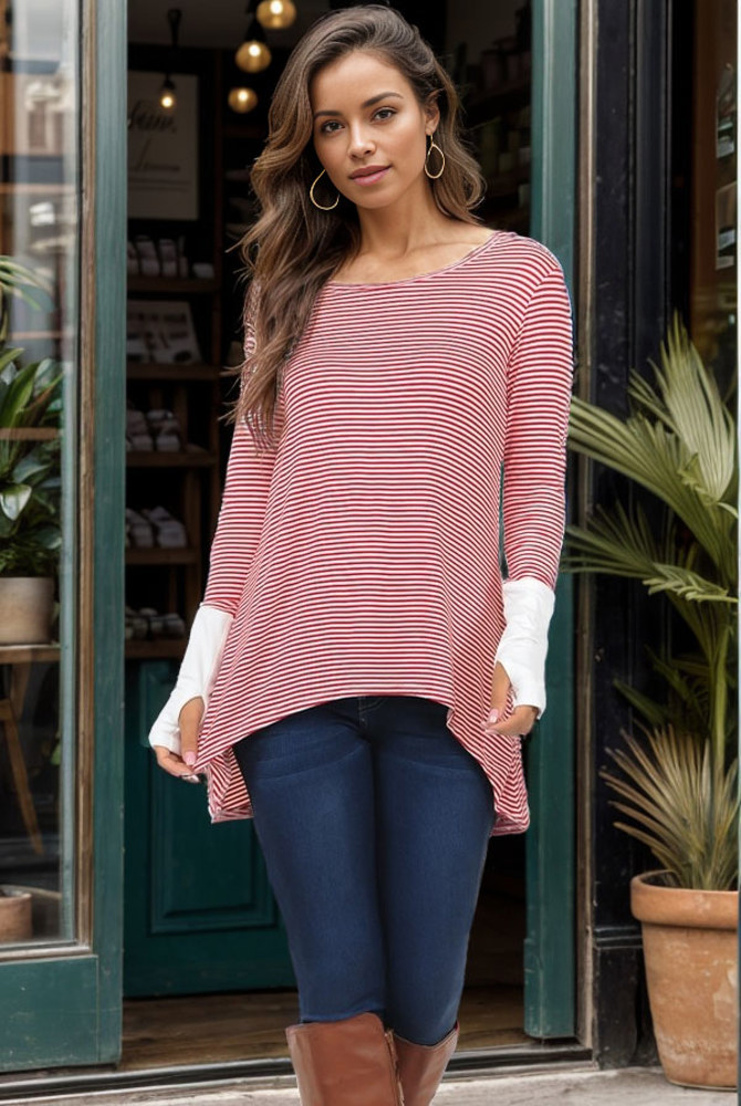 HI-LOW STRIPE TUNIC WITH THUMB HOLE