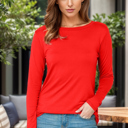 Small RED ROUNDED BOTTOM SOLID BASIC LONG SLEEVE TOP