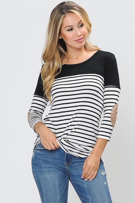3/4 SLEEVE COLOR BLOCK TOP WITH ELBOW PATCH