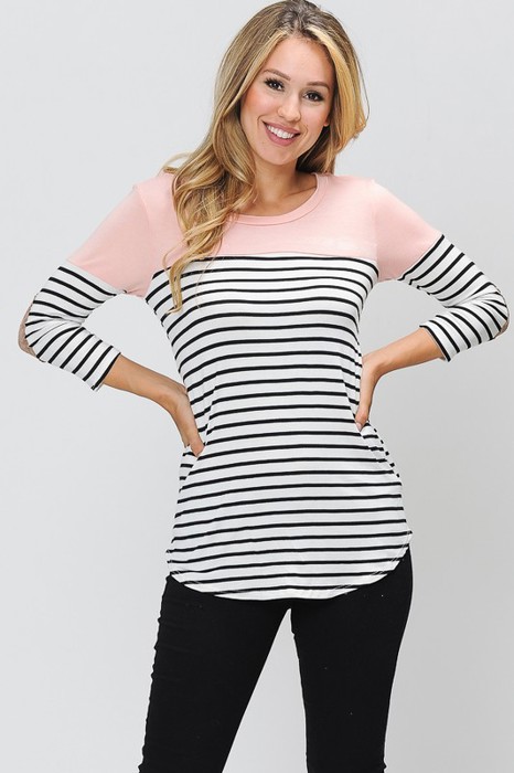 3/4 SLEEVE COLOR BLOCK TOP WITH ELBOW PATCH