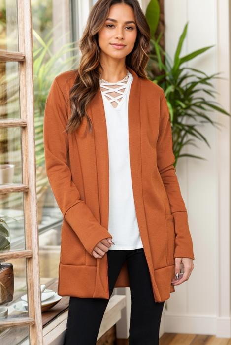 BRUSH OPEN MIDI CARDIGAN WITH THUMB HOLE