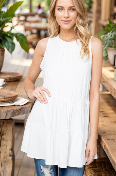 SOLID SLEEVELESS RUFFLE TUNIC DRESS