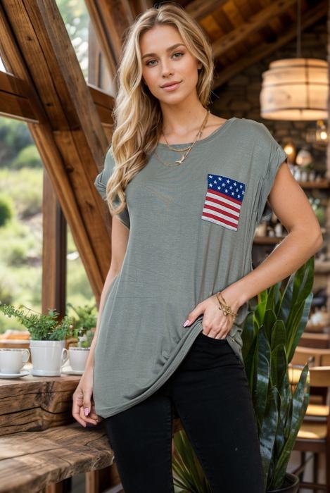 ROLL UP SLEEVE TOP WITH FLAG POCKETS