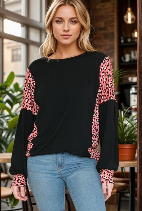 SOLID TUNIC TOP WITH ANIMAL PRINT SLEEVE CONTRAST