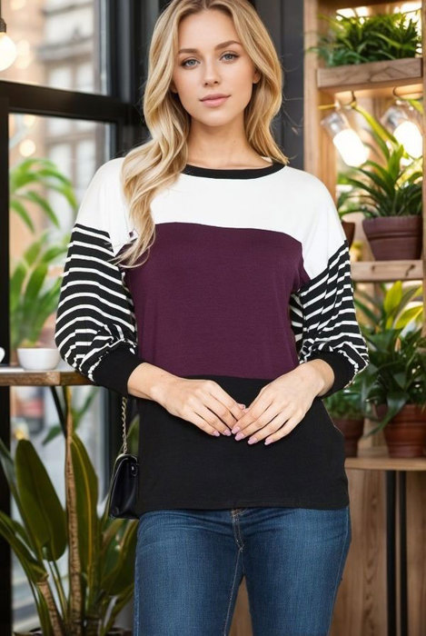 COLOR BLOCK TUNIC TOP WITH STRIPE 3/4 SLEEVES
