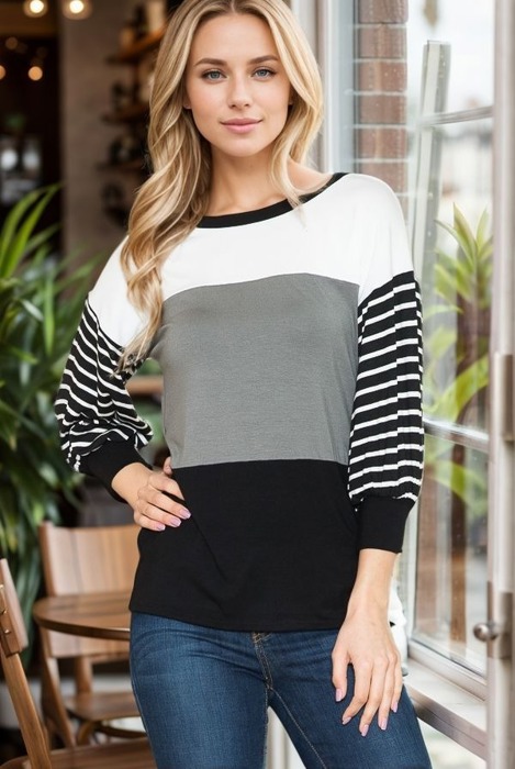 COLOR BLOCK TUNIC TOP WITH STRIPE 3/4 SLEEVES