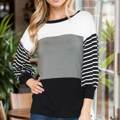 COLOR BLOCK TUNIC TOP WITH STRIPE 3/4 SLEEVES