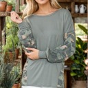 Small SAGE SOLID TUNIC TOP WITH CAMO SLEEVE CONTRAST