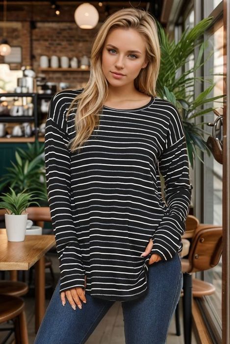 Stripe Round Bottom Long Sleeve Top