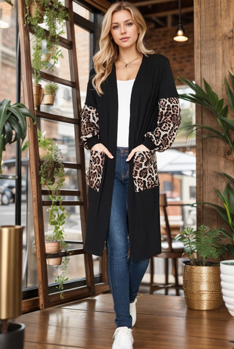 MIDI OPEN CARDIGAN WITH LEOPARD CONTRAST DETAIL