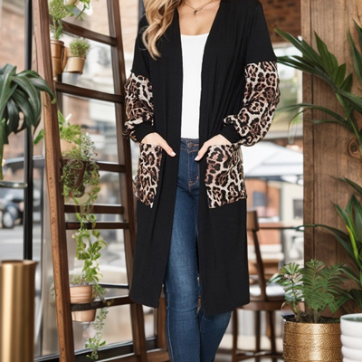 MIDI OPEN CARDIGAN WITH LEOPARD CONTRAST DETAIL