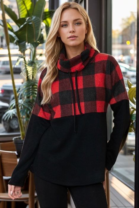 TURTLE NECK PLAID AND SOLID COLOR BLOCK TUNIC