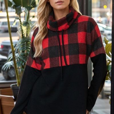 TURTLE NECK PLAID AND SOLID COLOR BLOCK TUNIC